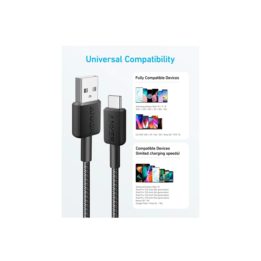 Anker 322 USB-A to USB-C 6ft Braided Cable - Black in Qatar Anker 322 USB-A to USB-C 6ft Braided Cable - Black in Qatar